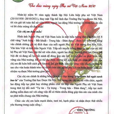 Thư chúc mừng của Hiệu trưởng nhân ngày Phụ nữ Việt Nam 20/10